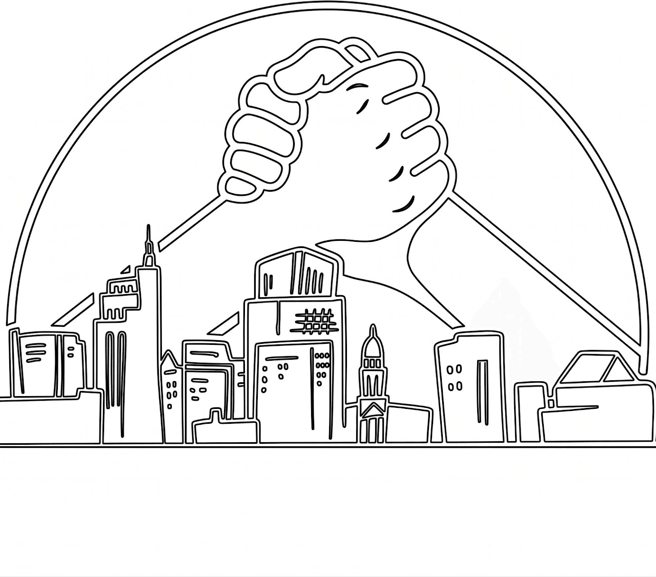 Line drawing of the Boise cityscape beneath a mountain and a hand.